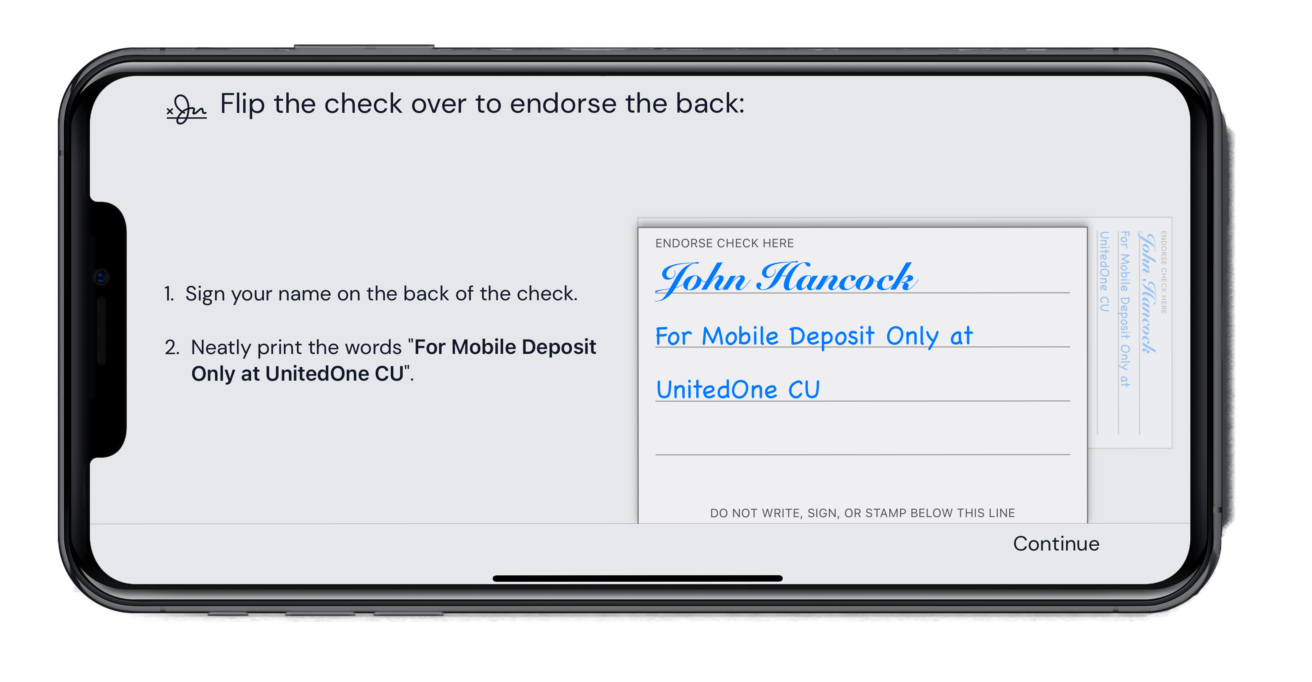 Image of mobile deposit being made on a phone Mobile Deposit for back of a check